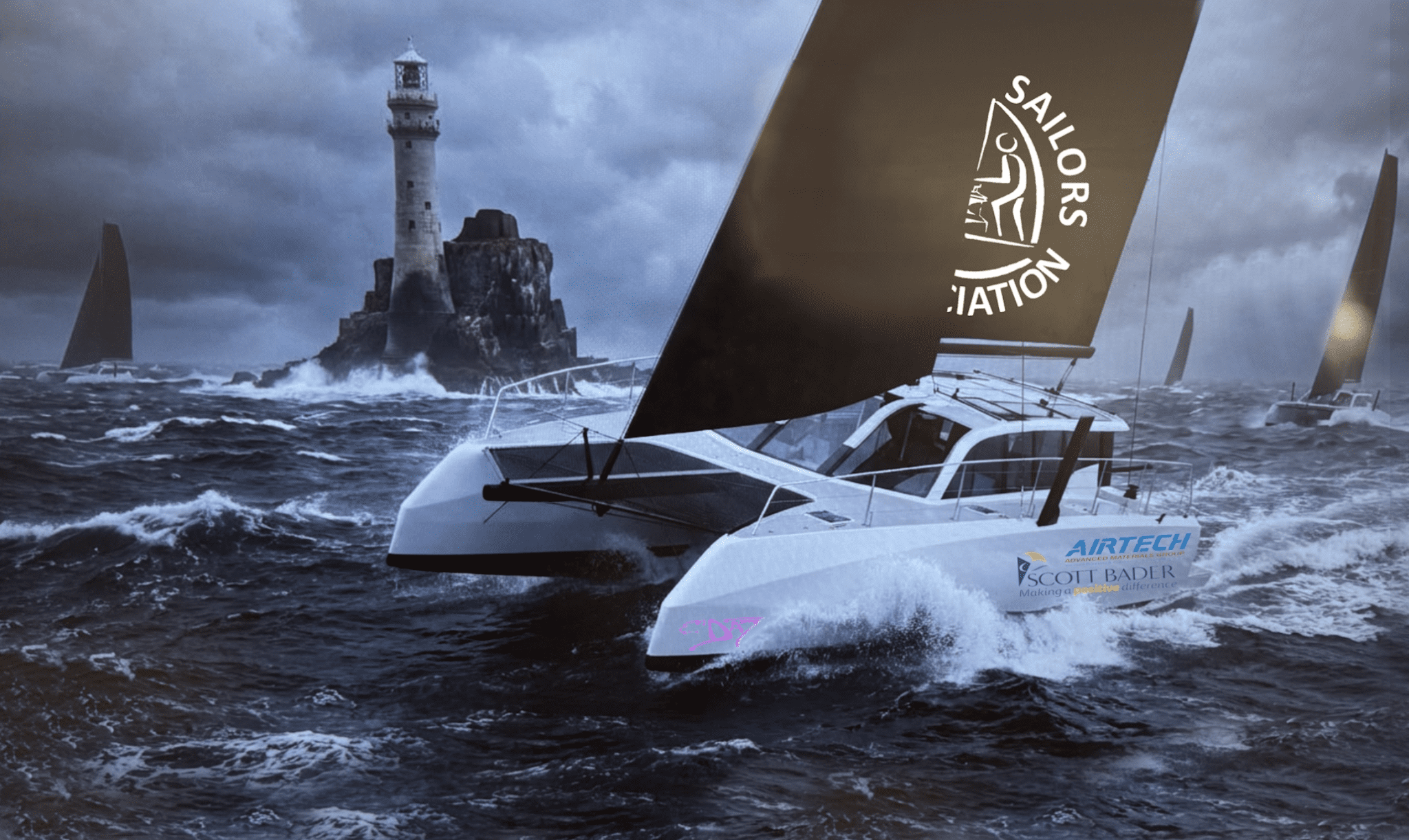 Render of the DSA accessible Dazcat 1500 hull flying around the Fastnet Rock!