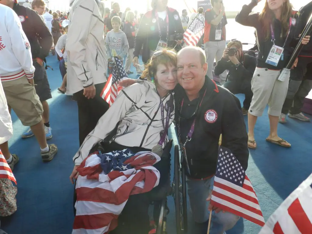 DSCN1897 Jen and Tim together at 2012 London Para Olympics after Jen won silver medal
