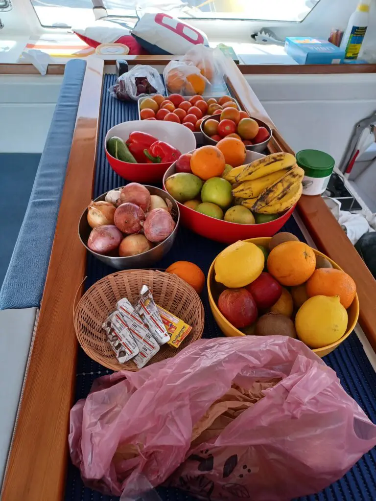 Stores of fruit and veg for the sail back across the Atlantic on Merlin, Dazcat 1195.